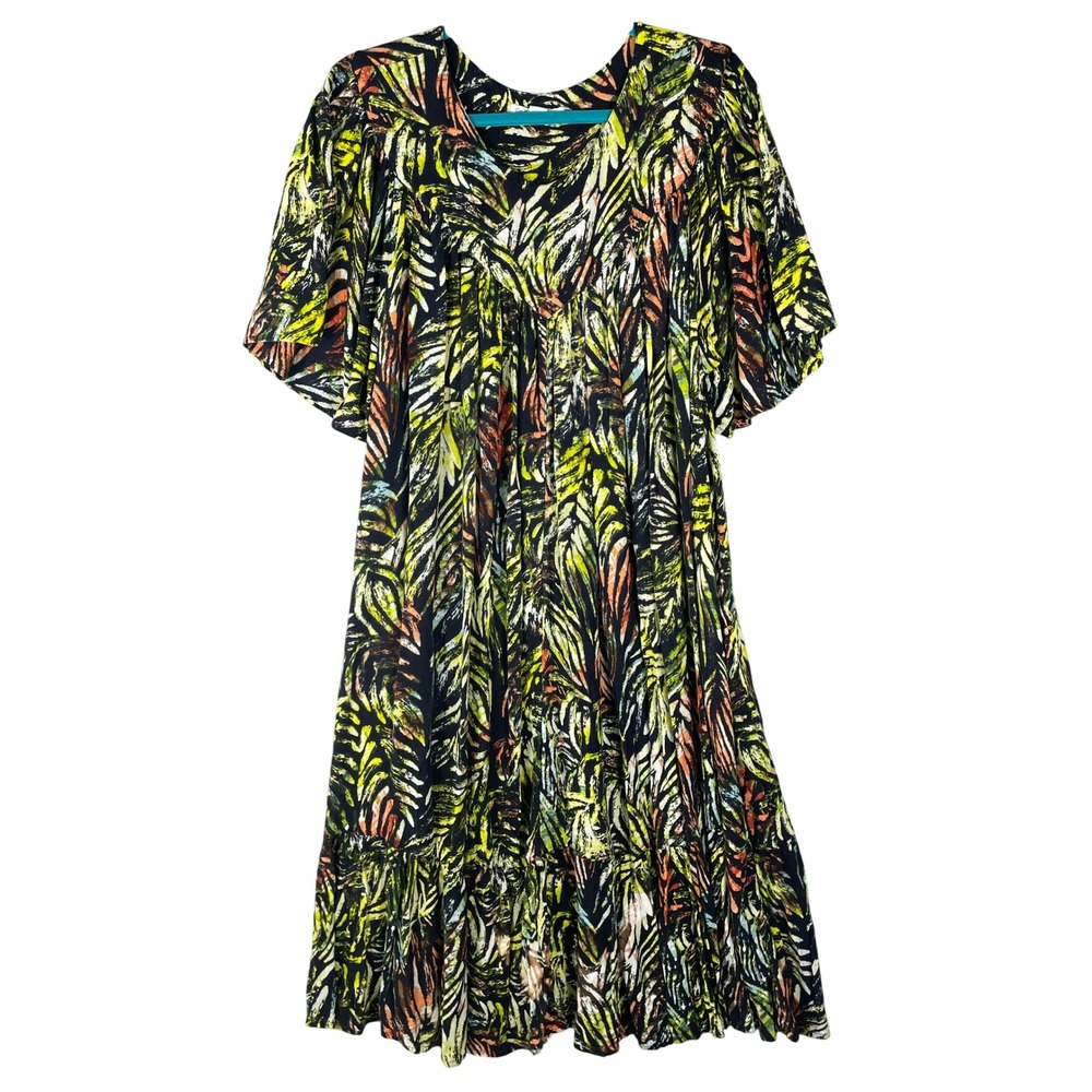 Go Softly Patio Dress Woman 1X Black Green Tropical Palm Print Excellent Pockets